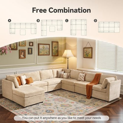CAODOC 8 Seat Modular Sectional Couch,Corduroy,Convertible U/L-Shaped,Beige