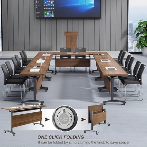 Folding Conference Room Tables, Modular Seminar Conference Table Modern Flip Top Training Meeting Tables, Conference Room Table with Wheels for Home Office Classr, 2 Pack 55.1inch