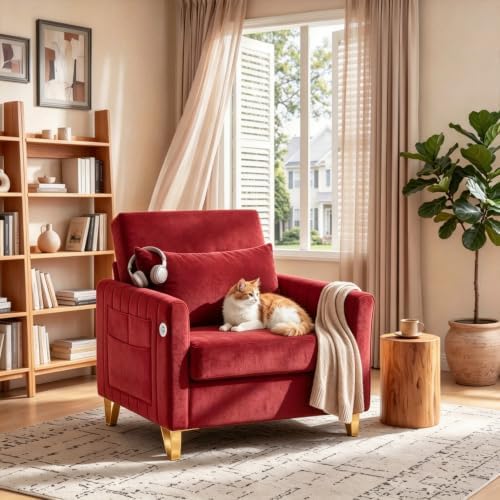 Accent Chair for Living Room Modern Velvet Accent Chair with USB Port and Storage Comfy Reading Chair Armchair with Throw Pillow for Apartment Office (Rose Red)