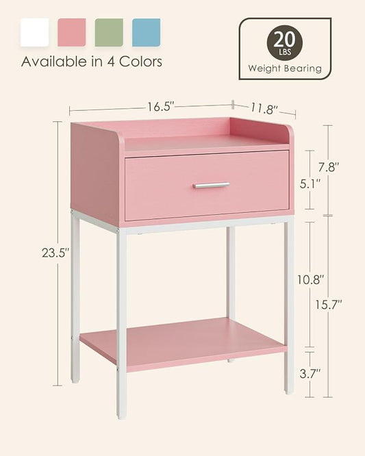 Masupu Nightstand,Bedside Table 3-Tier Modern Night Stand with Storage Drawer and Shelf,Small End Side Table for Bedroom,Living Room,Black (Without Outlet, Pink)