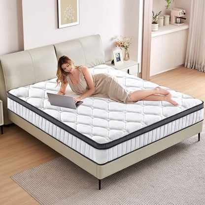 12 Inch Queen Mattress, Hybrid Memory Foam & Pocket Coil, White