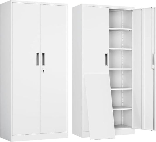71" H Tall Metal Storage Cabinet with Lock and 5 Adjustable Shelves, Metal Garage Storage Cabinet for Home, Office, Garage, Warehouse Organize, White