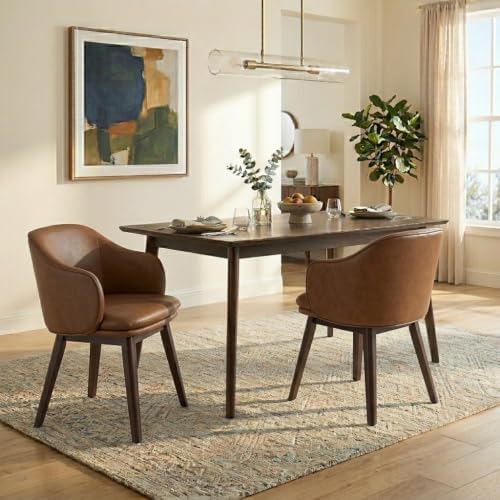 KISLOT Wooden Dining Chairs Set of 4, Faux Leather Upholstered Modern Dining Room Chairs with Barrel Backrest & Double-Layer Thick Cushion for Living Room, Restaurant, Kitchen and Café, Brown, 2 Boxs