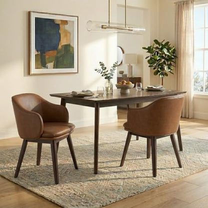 KISLOT Wooden Dining Chairs Set of 4, Faux Leather Upholstered Modern Dining Room Chairs with Barrel Backrest & Double-Layer Thick Cushion for Living Room, Restaurant, Kitchen and Café, Brown, 2 Boxs