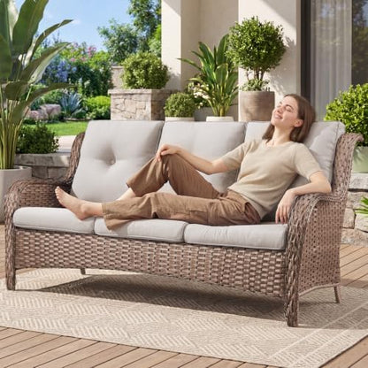 Belord Patio Sofa Luxury PE Wicker 3-Seater Outdoor Couch, Modern All-Weather High Back Deep Seat Woven Furniture Set for Porch, Deck, Balcony, Backyard - Yellow