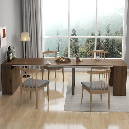 118.11'' Extendable Dining Table with Built-in Outlet, Modern Multifunctional Foldable Rectangular Wood Dinner Kitchen Table with Storage for Space Saving, Easy Assembly, Walnut