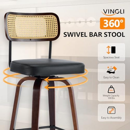 VINGLI Modern Bar Stool 26" H, PU Leather with Rattan Back, 360° Swivel, Solid Wood Legs Barstools for Kitchen Island & Home Bar, Black 1 Pack