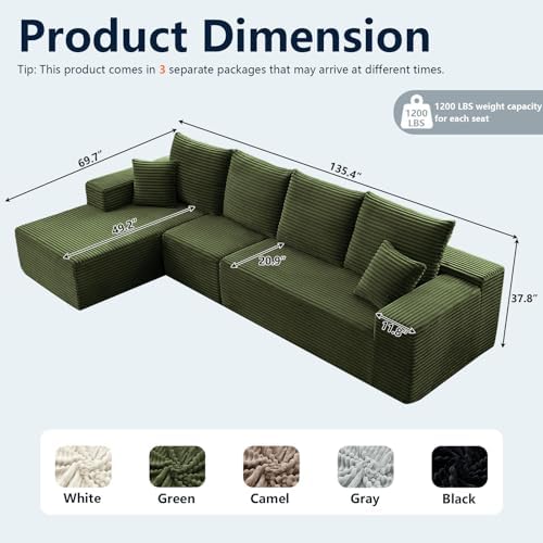135" Modular Sectional Sofa, Sponge Sofa for Living Room, High Density Sponges Cloud Couch,Modular L-Shape Sofa Couch with Chaise, (Green)