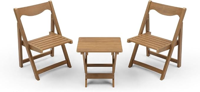 Patio Bistro Set, 3-Piece Foldable HIPS Outdoor Table and Chairs Set with Rectangular Table 2 Chairs for Balcony Garden Porch Small Space, Teak