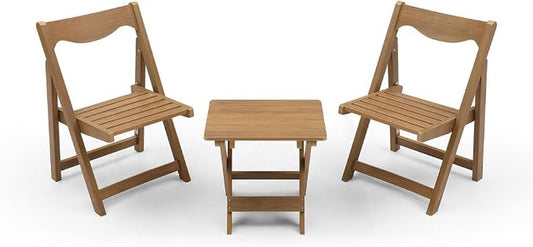Outdoor Bistro Set Foldable Small Table and Chair Set,with 2 Chairs and Rectangular Table (Teak + HDPE)