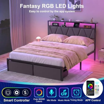Queen Bed Frame with Storage Drawers & LED Lights, Metal Platform Bed with Charging Station and Upholstered Headboard, 2-Tier Storage Shelf, Noise Free, No Box Spring Needed