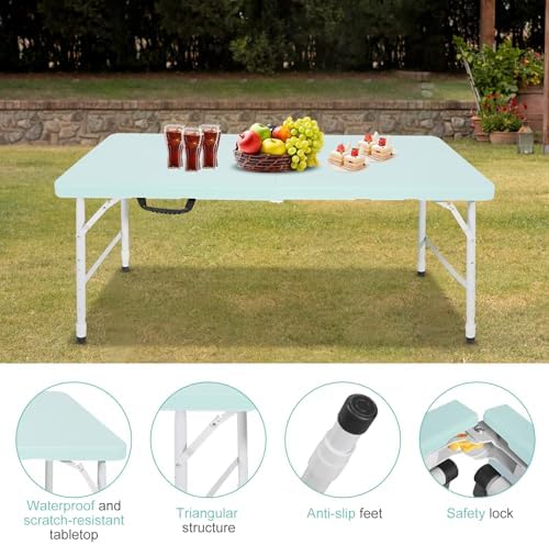 Portable 4Ft Folding Table, Heavy Duty Plastic Fold-in-Half Utility Foldable Table, Adjustable Height Plastic Folding Table with Carrying Handle for Camping &Party Indoor/Outdoor (Light Blue)