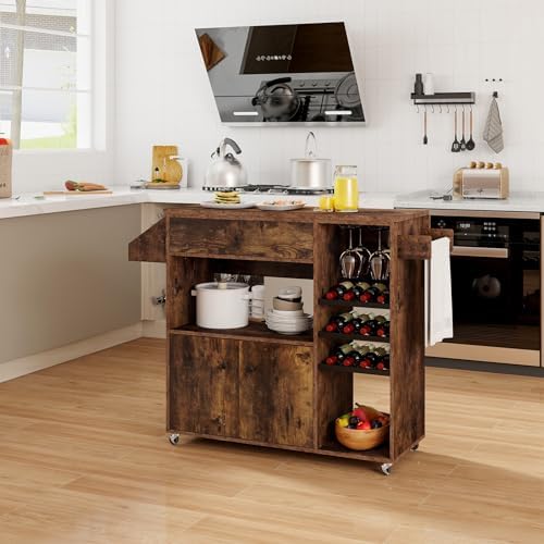 GIANTEX Rolling Kitchen Island Cart with Drop Leaf, Power Outlet, Spice Rack, 12 Wine Rack, Glass Holder, Drawer, Storage Cabinet, Towel Rack, Island Table for Breakfast Coffee Bar (Rustic Brown)