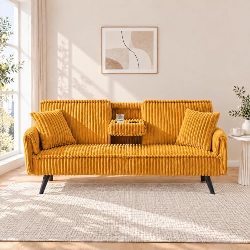 Corduroy Futon Sofa Bed, Convertible Couch with Cup Holders, Yellow