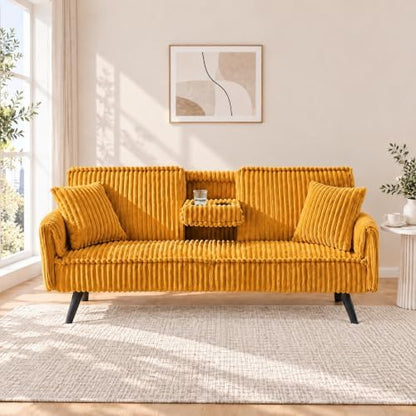 Corduroy Futon Sofa Bed, Convertible Couch with Cup Holders, Yellow