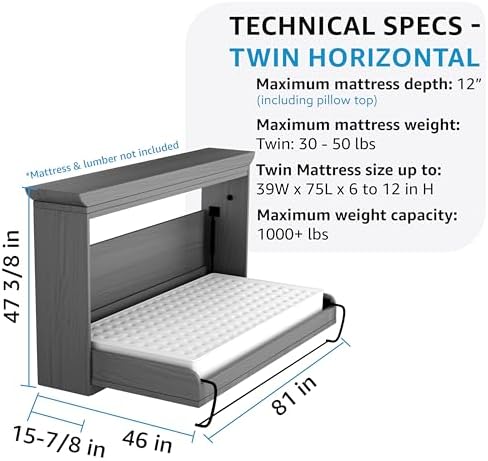 Create-A-Bed Adjustable Twin Size Deluxe Murphy Bed Kit, Horizontal