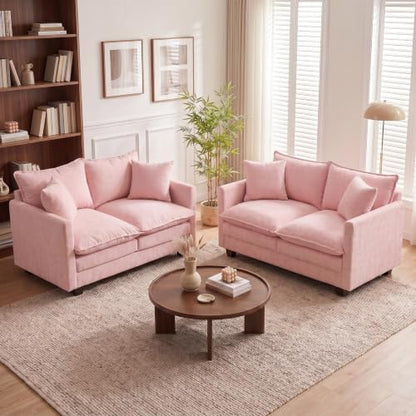 50'' Loveseat Sofa Set, Small Couch Set 2 Piece Cloud Love Seat with 27" Deep Seat Washable Chenille Pillows Couches for Small Spaces Apartment Living Room, Pink