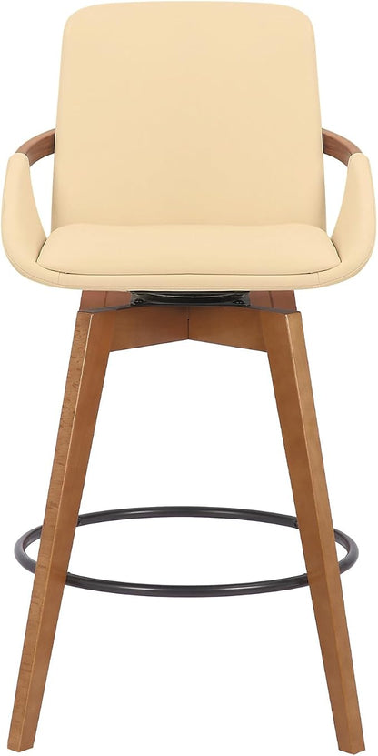 Armen Living Baylor Mid Century Modern Swivel Bar Stool for Kitchen Island Counter in Cream Faux Leather and Walnut Wood, 26" Seat Height