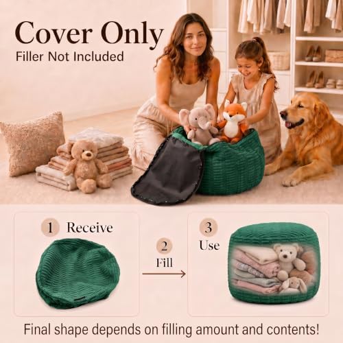Round Pouf Ottoman Cover Only, Dark Green, 24"x14", Corduroy Storage Cover