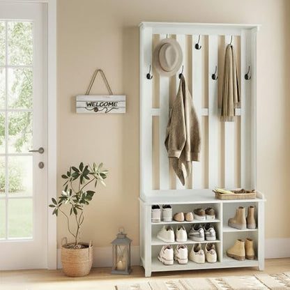 VASAGLE Hall Tree with Bench and Shoe Storage, 7 Double Hooks