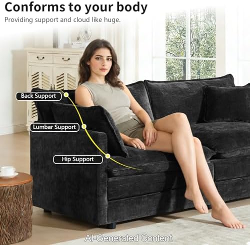 GNIXUU 112" Black Modular L Shaped Cloud Sectional Couches for Living Room