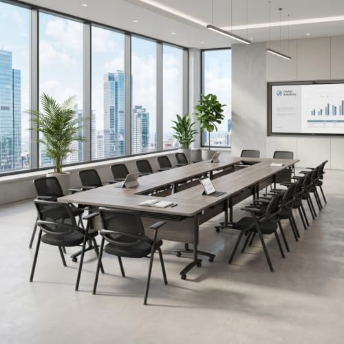 Modern Conference Table, Folding Modular Conference Room Tables with Wheels, Flip Top Mobile Training Table for 6-12 People, Foldable Rectangle Meeting Seminar Tables for Office(Elm, 4PCS 47.2in)