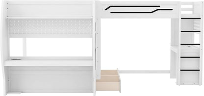 Twin&Full Over Full Triple Bunk Bed with Desk and Storage Drawers & LED,Charging Station,Solid Wood L-Shaped 3 Gaming Bunk Bed with Ladder,Guardrail,No Box Spring Needed (White,Twin & Full Over Full)