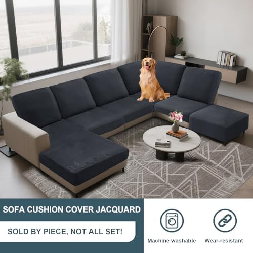 UNBBRRL Seat Cushion Cover and Back Covers for Corner Sofa Stretch Jacquard, Non Slip L Shaped Sofa Slipcover with Storage Ottoman, Sectional Couch Cover for Chaise Lounge (Dark Grey,39 x 69 x 6”)
