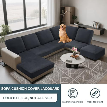 UNBBRRL Seat Cushion Cover and Back Covers for Corner Sofa Stretch Jacquard, Non Slip L Shaped Sofa Slipcover with Storage Ottoman, Sectional Couch Cover for Chaise Lounge (Dark Grey,39 x 69 x 6”)