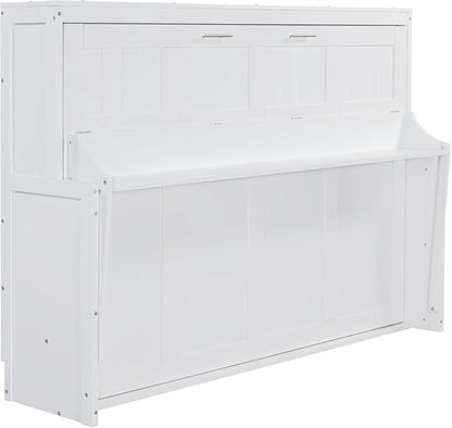 Virubi Full Horizontal Murphy Bed with Desk,Solid Wood Folding Hideaway Murphy Wall Bed for Adult,Guest Room (White,Full)