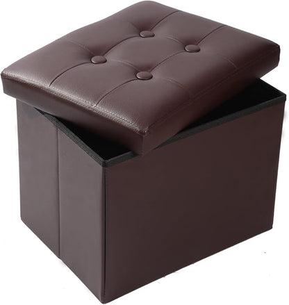 ALASDO Storage Ottoman Footrest Stool Small Ottoman with Storage Foldable Ottoman Leather Foot Rest Footstool Bench for Living Room 17x13x13inches Brown