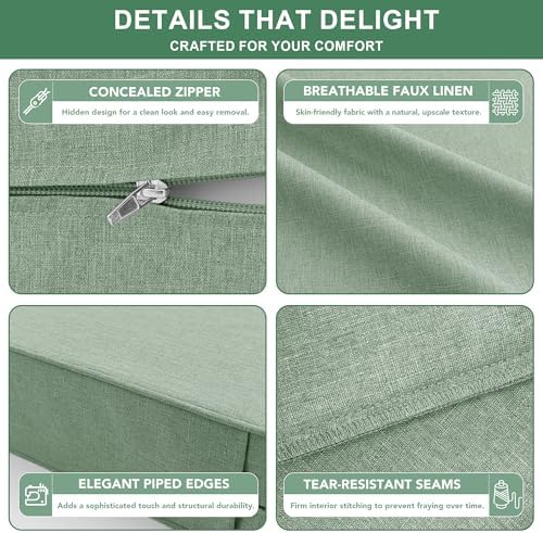 Outdoor Cushions for Patio Furniture, Faux Linen Water Resistant Backrest and Deep Seat Cushion Set with Removable Cover, Straps, Non-Slip Bottom, 24 x 24 Inch, Sage Green