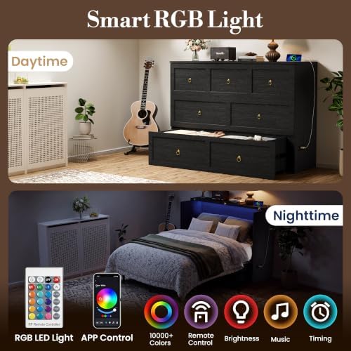 Full Murphy Bed with Hidden Storage, Farmhouse Cabinet Bed with Storage Drawer, RGB LED Lights & Charging Station, Space-Saving Wall Bed with 6 Metal Legs, Black
