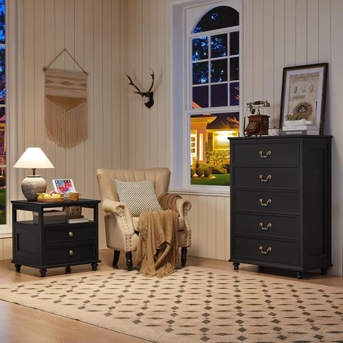 Joaxswe Farmhouse 5 Drawer Dresser Set of 2 for Bedroom, 45" Tall Rustic Chests of Drawers w/ 4 Solid Wood Feet, Vintage Mid Century Wooden Closet Storage Dressers Organizer for Living Room, Black