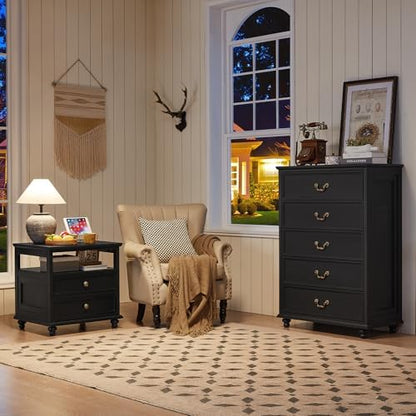 Joaxswe Farmhouse 5 Drawer Dresser Set of 2 for Bedroom, 45" Tall Rustic Chests of Drawers w/ 4 Solid Wood Feet, Vintage Mid Century Wooden Closet Storage Dressers Organizer for Living Room, Black