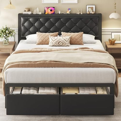 Queen Bed Frame with 2 Storage Drawers, Upholstered Headboard Button Tufted Bed Frame with Charging Station, No Box Spring Needed, Noise-Free, All Metal Structure, Black