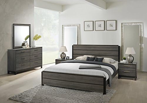 Roundhill Furniture Ioana 187 Antique Grey Finish Wood Bed Room Set, Queen Size Bed, Dresser, Mirror, 2 Night Stands