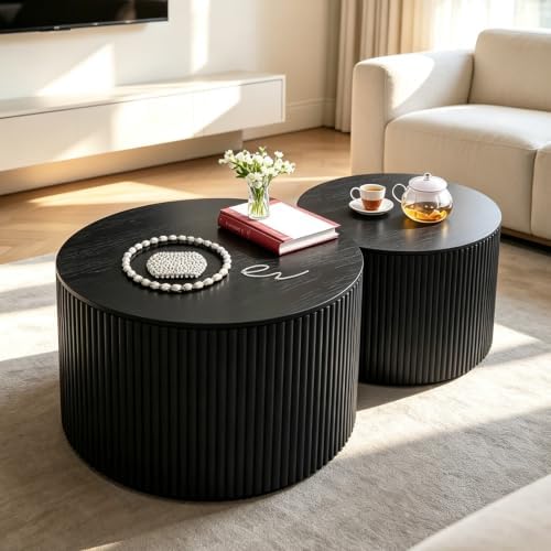 Black Round Fluted Coffee Table Set of 2 (D-27.6IN+19.7IN)