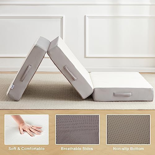 Lazyzizi Folding Mattress,Memory Foam Tri-fold Mattress with Breathable & Washable Bamboo Fiber Fabric Cover, Foldable Floor Guest Bed for Camping, Road Trip, 6Inch TwinXL