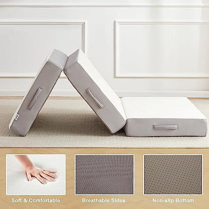 Lazyzizi Folding Mattress,Memory Foam Tri-fold Mattress with Breathable & Washable Bamboo Fiber Fabric Cover, Foldable Floor Guest Bed for Camping, Road Trip, 6Inch TwinXL