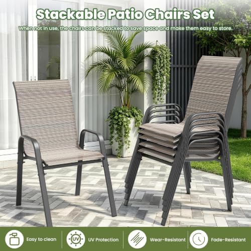 9 PCS Outdoor Patio Dining Set,Patio Table and Chairs Metal Outdoor Patio Furniture Set with Umbrella Hole,Dining Table Set with 8 Teslin Chairs for Deck,Backyard and Garden