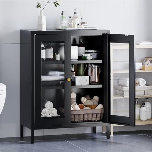 COFaR 31.5"H Metal Storage Cabinet, Display Cabinet with Glass Doors, Black