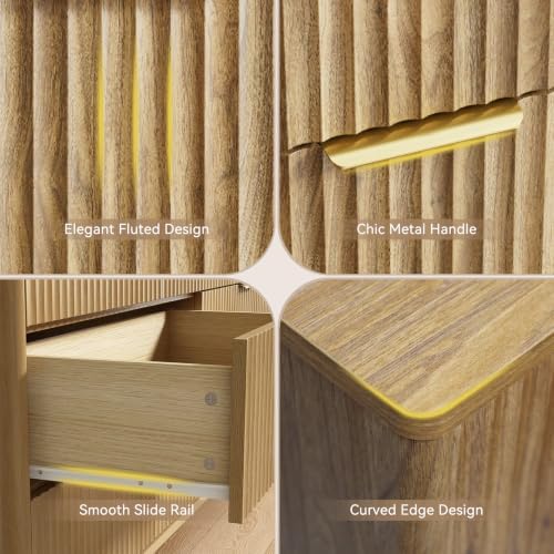 CARPETNAL Fluted 7 Drawer Dresser for Bedroom, 55" Wide Wooden Chest of Drawers with Rounded Corners, Gold Handles, Modern Storage Organizer for Bedroom, Hallway(Oak)
