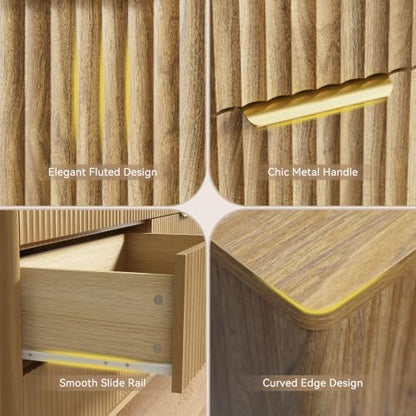 CARPETNAL Fluted 7 Drawer Dresser for Bedroom, 55" Wide Wooden Chest of Drawers with Rounded Corners, Gold Handles, Modern Storage Organizer for Bedroom, Hallway(Oak)