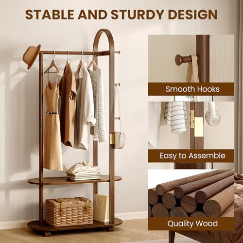 31.5" Wide 3-in-1 Freestanding Clothing Rack,Wooden Coat Rack with 2 Shelves and 6 Hooks,Solid Rubber Wood Coat Rack with Shelves for Entryway, Bedroom, Living Room, Walnut