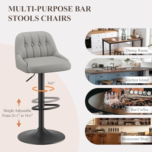 MALOL Bar Stools Set of 2, Swivel Bar Chairs, Modern Adjustable PU Leather Upholstered Barstools Counter Height with Tufted Back for Bar, Kitchen Counter Island, Dining Room, Grey
