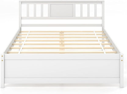Giantex Full Size Solid Wood Platform Bed Frame, Mid Century Full Bed Frame with Headboard, Wood Slat Support, Double Panel Bed, No Box Spring Needed, Easy Assembly, White