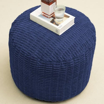 Round Stuffed Pouf Ottoman for Foot Rest 26" X 18" Faux Fur Poufs, Navy