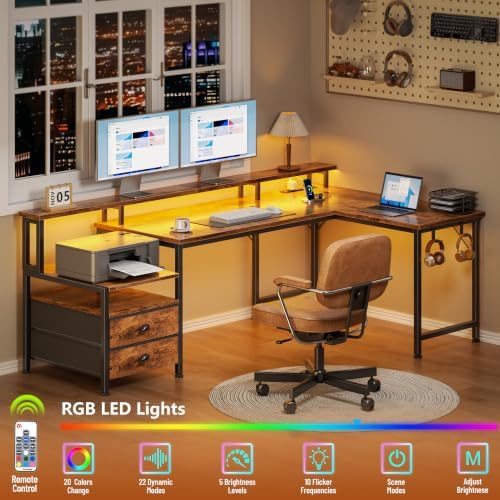 Korfile 57'' L Shaped Computer Desk with Storage Drawers, Power Outlet, LED