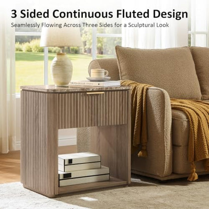 Curved Fluted Nightstand Set of 2 with Faux Marble Top, Natural Oak